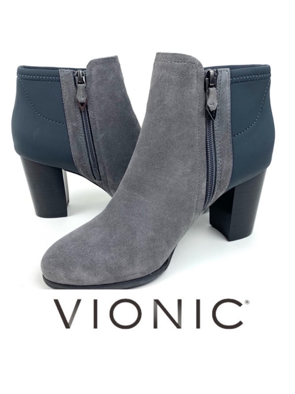 Vionic Gray Suede & Charcoal Block Heel Ankle Boots